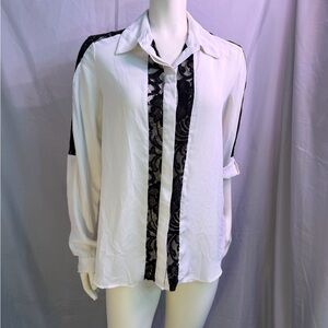 Wish White and Black Lace Button Down Shirt